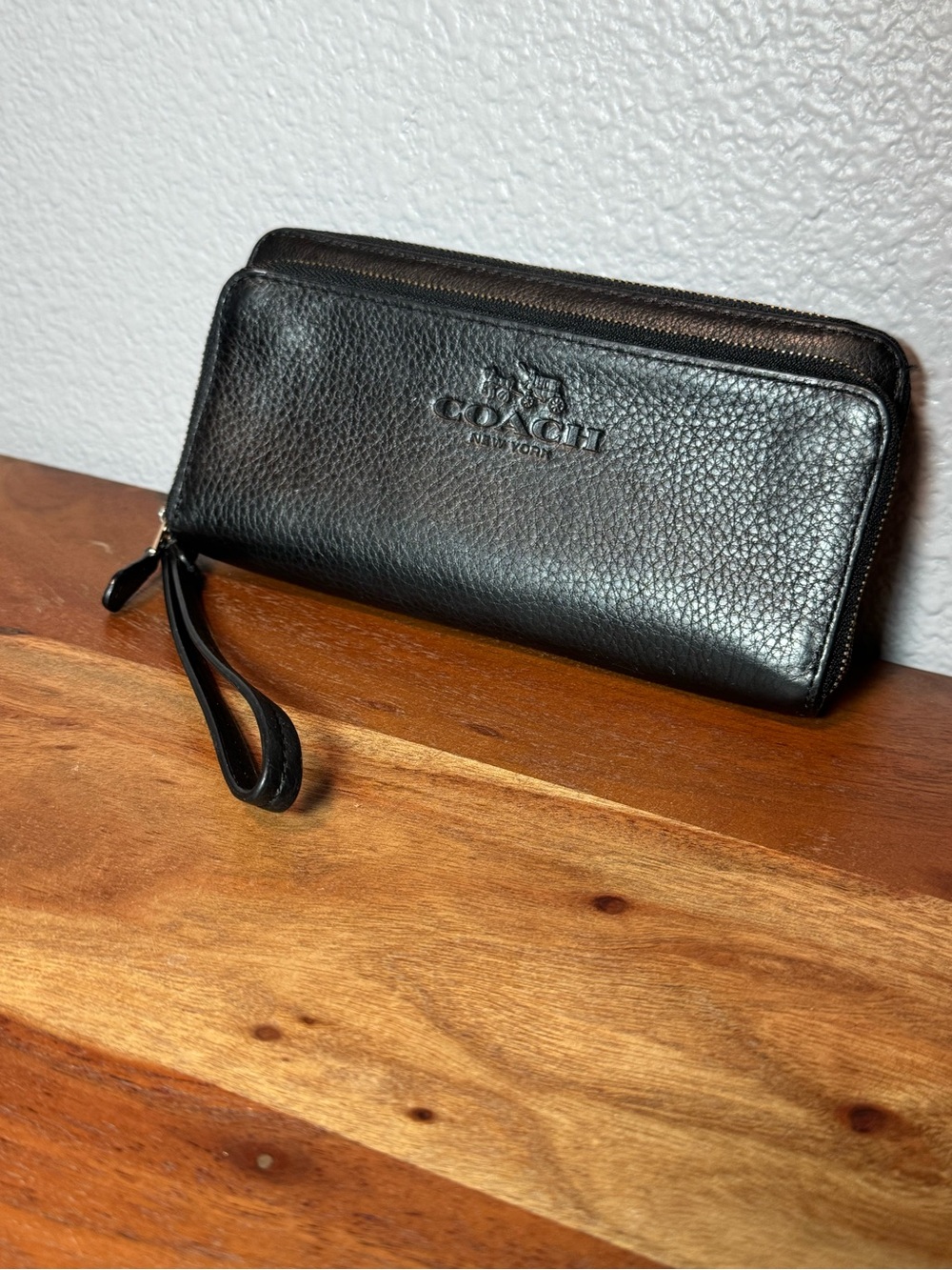 Coach Black Pebbled Leather Zip Wristlet with Strap